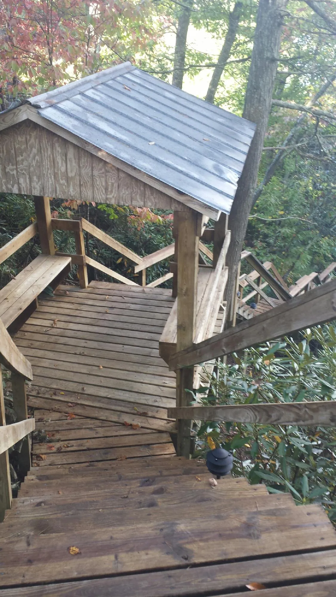 Metal roofed shelter over wooden steps on a wooded walkway — Skylight Repair & Installation work by our crew in Grand Coteau